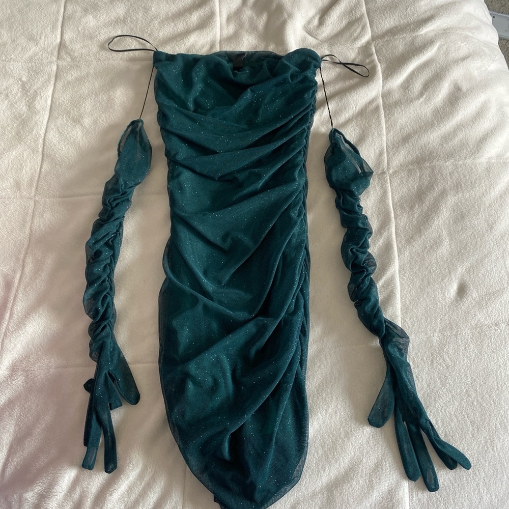 Elegant Teal Ruched Dress with Sleeves